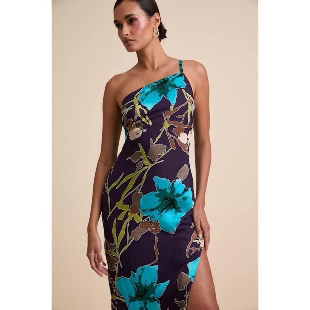 Lulus Elzina Plum Floral Satin Asymmetrical Midi Dress Purple - Size XL